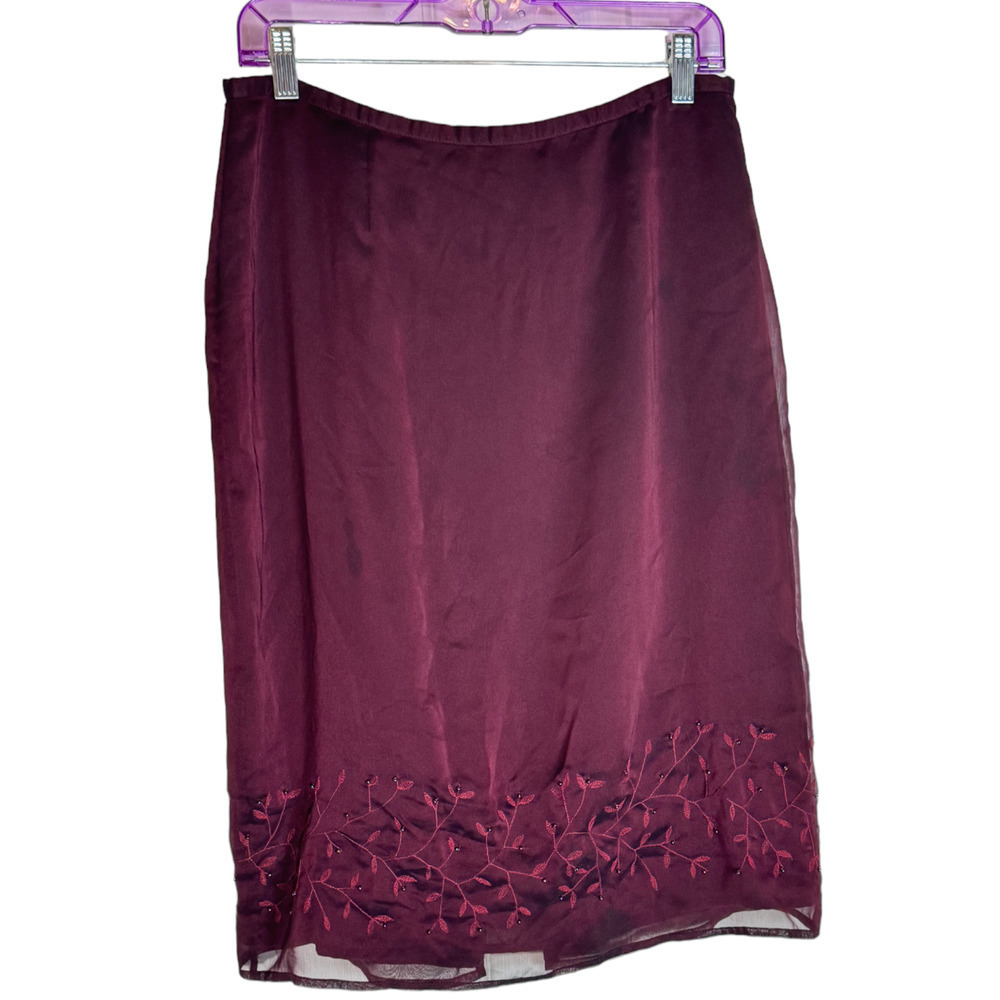 Y2k Express Pencil Skirt Burgundy Beaded Lined below Knee 11/12 Size Large